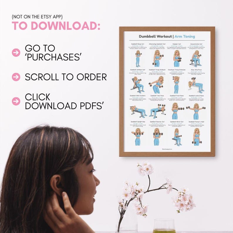 May include: A framed print titled "Dumbbell Workout | Arm Toning" with illustrations of arm exercises. The print is in a wooden frame and includes instructions on how to download the PDF.