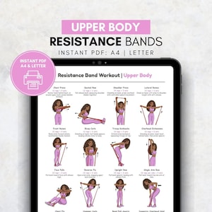 Puede incluir: Una guía digital de ejercicios para la parte superior del cuerpo con bandas de resistencia. El gráfico rosa y blanco muestra varios ejercicios con ilustraciones e instrucciones. El texto dice "Upper Body Resistance Bands" y "Instant PDF: A4 | Letter".