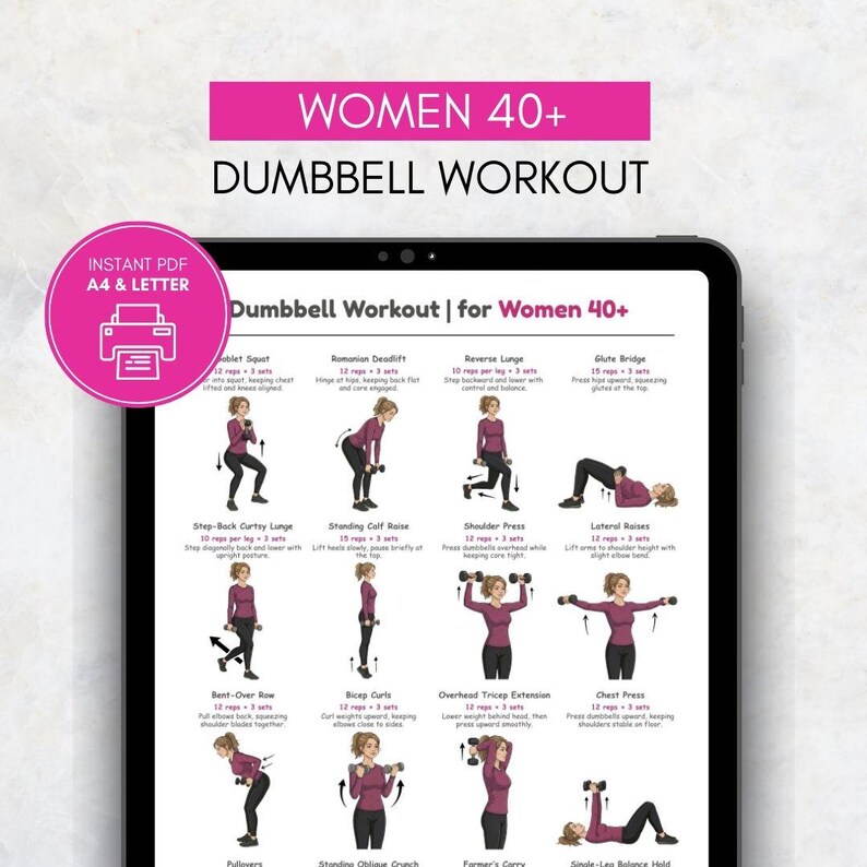 May include: A digital tablet displays a dumbbell workout guide for women over 40. The guide includes illustrations and instructions for various exercises, such as squats, lunges, and presses. The top banner reads "WOMEN 40+ DUMBBELL WORKOUT."