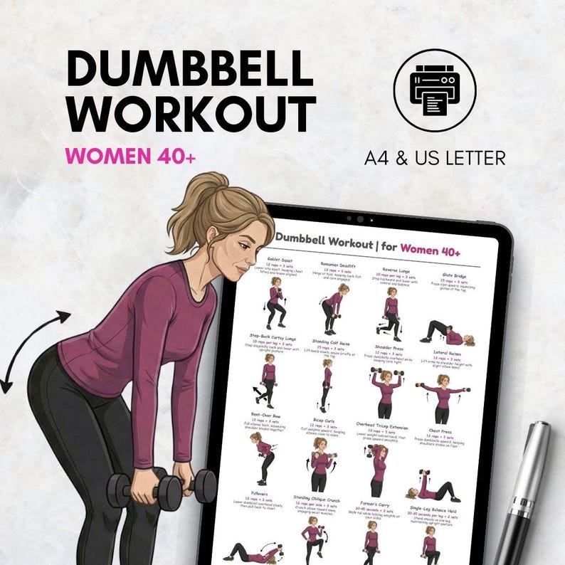 May include: A digital illustration of a dumbbell workout routine for women over 40. The image features a woman in workout attire demonstrating exercises with dumbbells. Text on the image reads "Dumbbell Workout" and "Women 40+". The image is designed for A4 and US Letter printing.