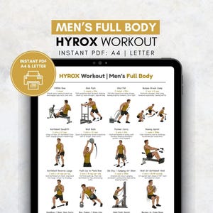 May include: A digital workout plan for a full-body HYROX workout, displayed on a tablet. The plan includes exercises like rowing, sled push, burpee broad jump, and kettlebell deadlifts. The text on the screen reads "Men's Full Body HYROX Workout."