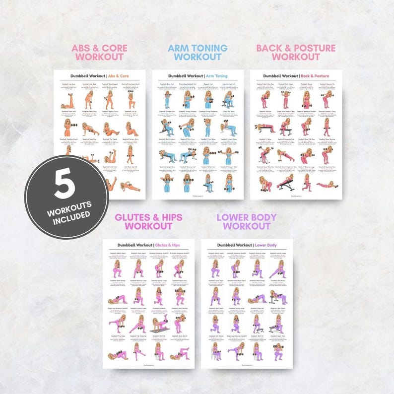 May include: Five workout posters with illustrations of exercises. The posters are labeled "ABS & CORE WORKOUT", "ARM TONING WORKOUT", "BACK & POSTURE WORKOUT", "GLUTES & HIPS WORKOUT", and "LOWER BODY WORKOUT". A circular graphic reads "5 WORKOUTS INCLUDED".
