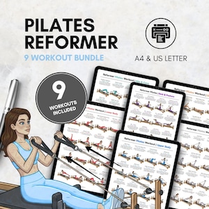 Puede incluir: Un paquete de ejercicios de Pilates Reformer con 9 entrenamientos incluidos. La imagen muestra a una mujer usando una m&aacute;quina de Pilates reformer. El paquete incluye gu&iacute;as de entrenamiento para abdominales, core, espalda, postura, parte inferior y superior del cuerpo.