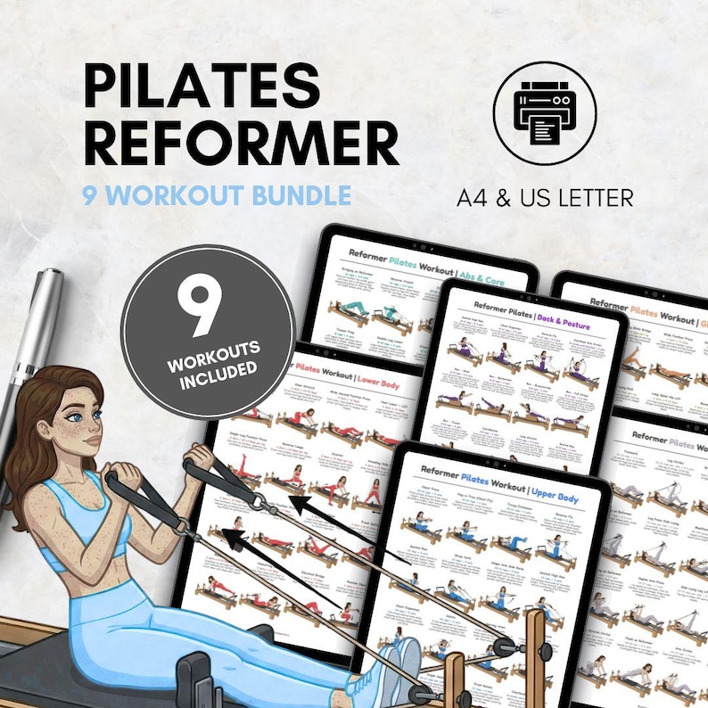 Puede incluir: Un paquete de ejercicios de Pilates Reformer con 9 entrenamientos incluidos. La imagen muestra a una mujer usando una m&aacute;quina de Pilates reformer. El paquete incluye gu&iacute;as de entrenamiento para abdominales, core, espalda, postura, parte inferior y superior del cuerpo.