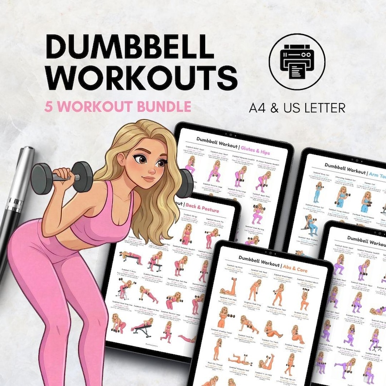 May include: Digital dumbbell workout bundle featuring a cartoon illustration of a woman in pink activewear. The image includes workout charts for glutes, back, posture, arms, and core exercises. The text reads "Dumbbell Workouts" and "5 Workout Bundle."