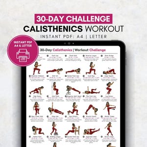Op de afbeelding: Een digitale workoutgids voor een 30-daagse calisthenics challenge. De roze en witte afbeelding toont verschillende oefeningen met illustraties en instructies. Bevat oefeningen zoals push-ups, lunges en squats. Beschikbaar als direct PDF.
