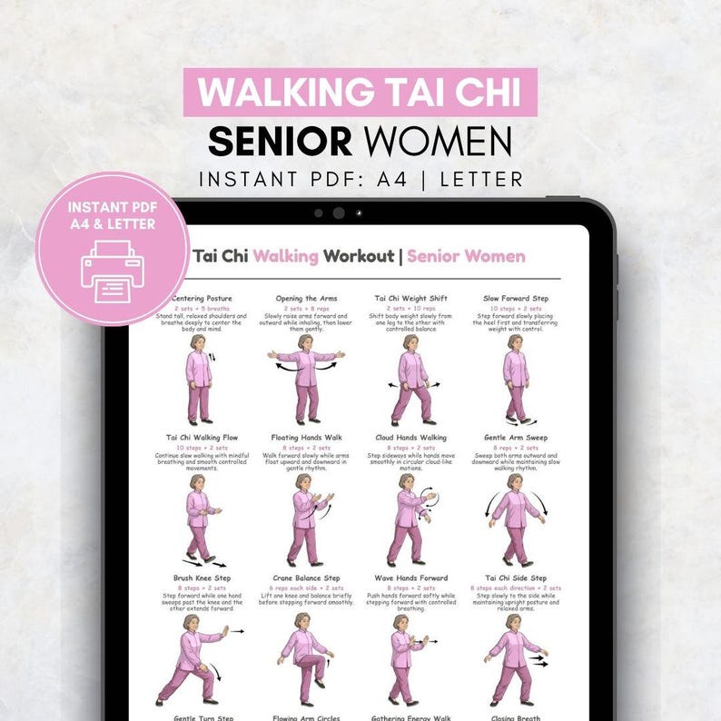 Puede incluir: Un documento PDF digital mostrado en una tableta. El documento, titulado "Walking Tai Chi Senior Women", incluye instrucciones ilustradas para ejercicios de Tai Chi caminando. El documento est&aacute; dise&ntilde;ado para tama&ntilde;os A4 y Carta.