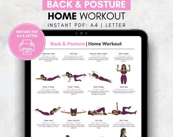 Back & Posture Workout Poster, Posture Correction Exercises Printable, No Equipment Workout, Home Fitness Chart PDF, Printable Home Workout