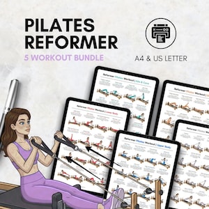 Puede incluir: Imagen de un paquete de entrenamiento de Pilates Reformer. La imagen presenta a una mujer haciendo ejercicio en un reformer de Pilates, con varias tabletas que muestran rutinas de entrenamiento. El texto en la imagen dice "PILATES REFORMER 5 WORKOUT BUNDLE" y "A4 & US LETTER".
