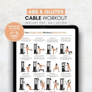 Puede incluir: Una guía digital de ejercicios para abdominales y glúteos, con una rutina de ejercicios con cable. La guía incluye ilustraciones de varios ejercicios, como abducción de cadera, patadas de glúteos y patadas de burro. El texto "ABS & GLUTES CABLE WORKOUT" se muestra en la parte superior.