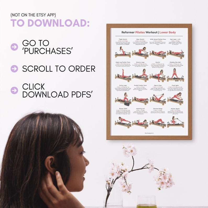 Puede incluir: Un p&oacute;ster enmarcado con una rutina de ejercicios de Pilates para la parte inferior del cuerpo. El p&oacute;ster presenta ilustraciones de varios ejercicios realizados en una m&aacute;quina de reformer. El texto en la parte superior dice "Reformer Pilates Workout | Lower Body". Tambi&eacute;n se ven instrucciones para descargar.