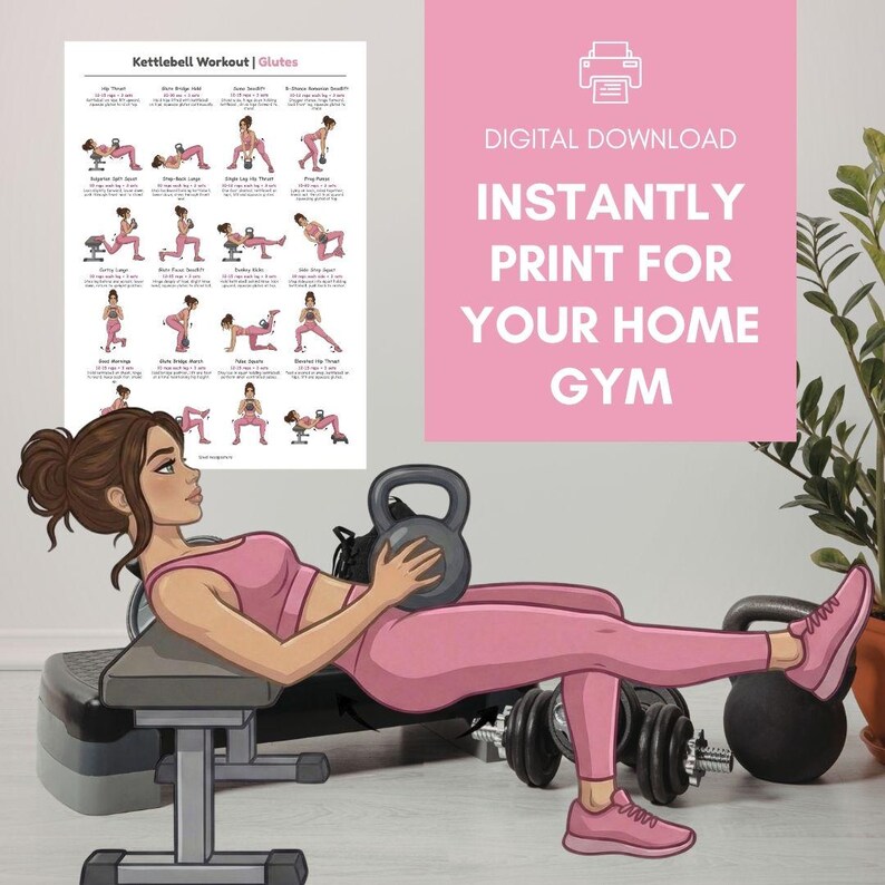 Kettlebell Glute Exercises Poster, Beginner Kettlebell Home Workout ...
