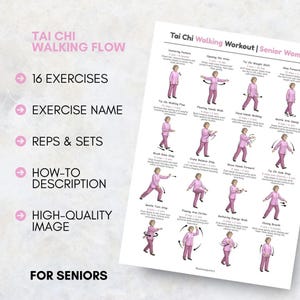 Puede incluir: Un p&oacute;ster blanco titulado "Tai Chi Walking Workout | Senior Women" muestra 16 ejercicios ilustrados de Tai Chi. El p&oacute;ster incluye nombres de ejercicios, repeticiones y series, y descripciones. El texto "Tai Chi Walking Flow" es visible en la parte superior.