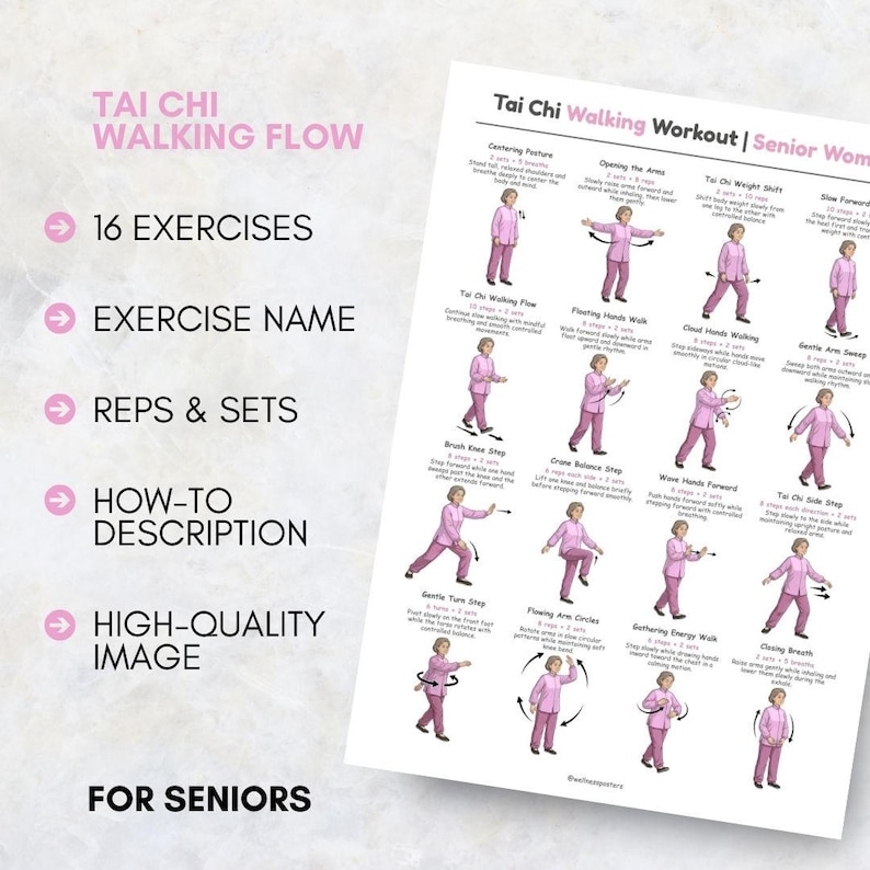 Puede incluir: Un p&oacute;ster blanco titulado "Tai Chi Walking Workout | Senior Women" muestra 16 ejercicios ilustrados de Tai Chi. El p&oacute;ster incluye nombres de ejercicios, repeticiones y series, y descripciones. El texto "Tai Chi Walking Flow" es visible en la parte superior.