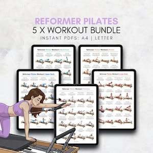 Puede incluir: Un paquete de entrenamiento digital con cinco rutinas de Pilates Reformer. El paquete incluye rutinas para abdominales y core, gl&uacute;teos, parte superior del cuerpo, cuerpo completo y parte inferior del cuerpo. Cada rutina se muestra en una tableta con ilustraciones de ejercicios.