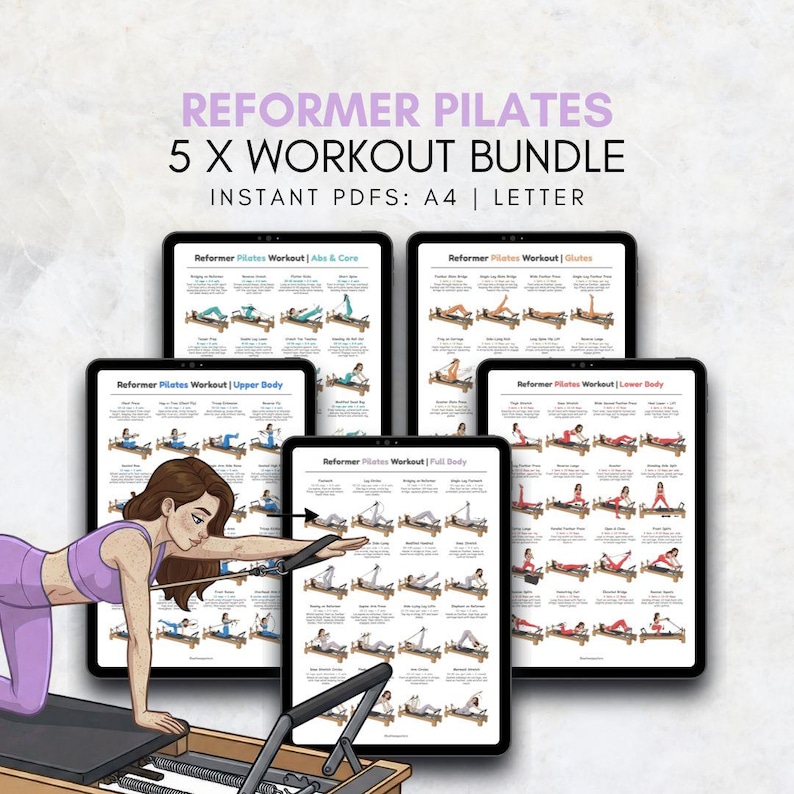 Puede incluir: Un paquete de entrenamiento digital con cinco rutinas de Pilates Reformer. El paquete incluye rutinas para abdominales y core, gl&uacute;teos, parte superior del cuerpo, cuerpo completo y parte inferior del cuerpo. Cada rutina se muestra en una tableta con ilustraciones de ejercicios.