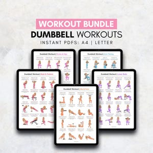 Conjunto de ejercicios con mancuernas, ejercicios con mancuernas en casa, tablas de ejercicios de cuerpo completo con mancuernas, pósteres imprimibles para pared con mancuernas para brazos, piernas, glúteos, espalda y torso.