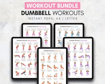 Conjunto de ejercicios con mancuernas, ejercicios con mancuernas en casa, tablas de ejercicios de cuerpo completo con mancuernas, pósteres imprimibles para pared con mancuernas para brazos, piernas, glúteos, espalda y torso.