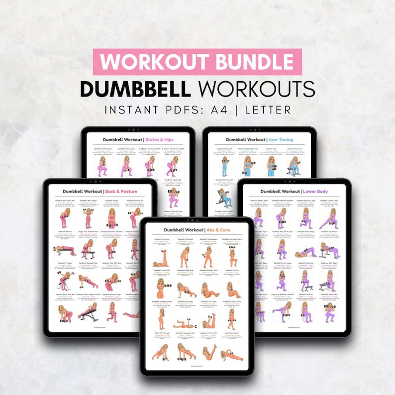 Dumbbell Workout Set, Home Dumbbell Exercises, Full Body Dumbbell Workout Charts, Arms Legs Glutes Back Core Dumbbell Wall Posters Printable image 1