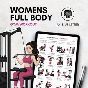 May include: A digital print titled "WOMENS FULL BODY GYM WORKOUT" with a cartoon illustration of a woman working out. The print includes a workout chart and is available in A4 and US Letter sizes. A pen is visible in the image.
