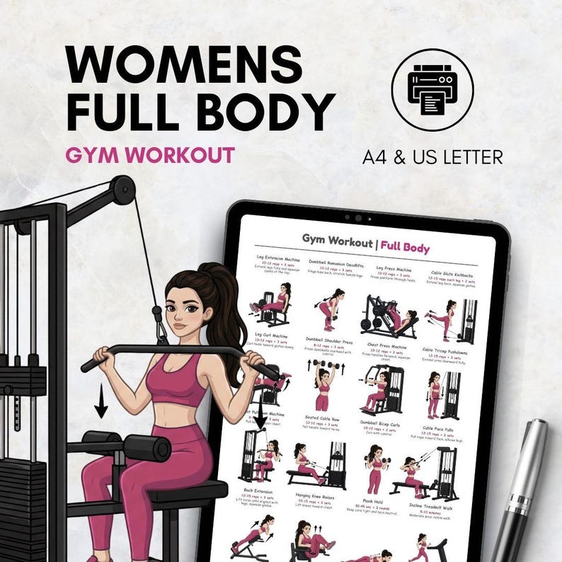May include: A digital print titled "WOMENS FULL BODY GYM WORKOUT" with a cartoon illustration of a woman working out. The print includes a workout chart and is available in A4 and US Letter sizes. A pen is visible in the image.