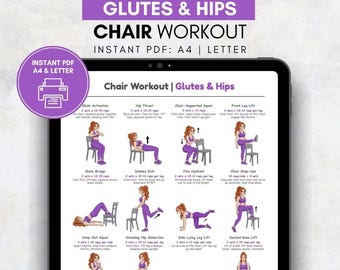 Plan de entrenamiento para glúteos y caderas en silla / Tabla de ejercicios sentado / Entrenamiento en silla de oficina sin equipo / Póster de entrenamiento / Entrenamiento de bajo impacto en casa