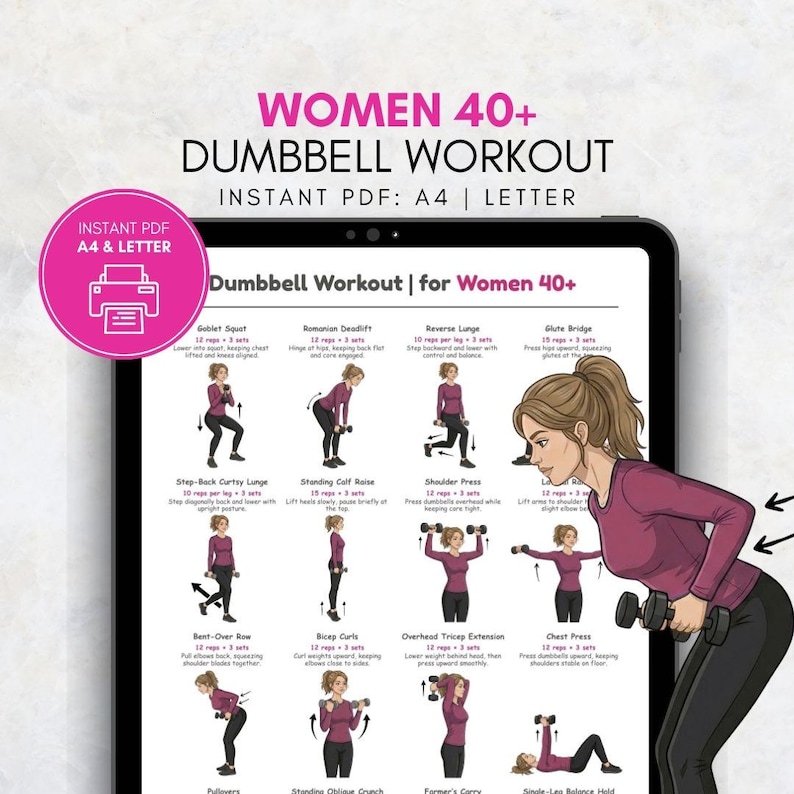 May include: A digital workout guide titled "Women 40+ Dumbbell Workout" with illustrations of exercises. The guide includes exercises like goblet squats, reverse lunges, and bicep curls. The guide is available as an instant PDF, A4 and Letter size.