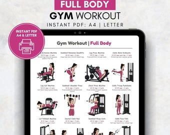 Full Body Gym Workout for Women Printable Poster | Women’s Gym Exercise Chart | Gym Machine & Dumbbell Routine | Fitness Home Gym Wall Art