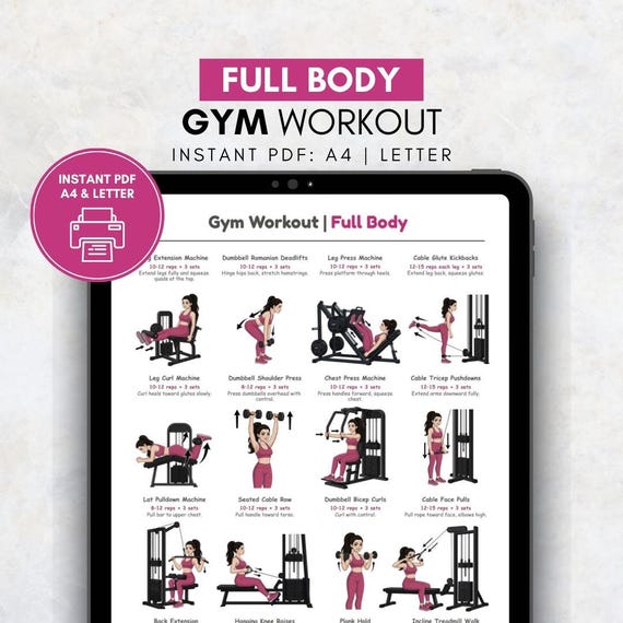 Full Body Gym Workout for Women Printable Poster | Women’s Gym Exercise Chart | Gym Machine & Dumbbell Routine | Fitness Home Gym Wall Art
