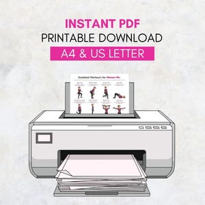 May include: A white printer with a stack of paper is printing a document. The document is a dumbbell workout for women, with illustrations of exercises. The text on the document reads "Dumbbell Workout | for Women 40+". Above the printer is the text "INSTANT PDF PRINTABLE DOWNLOAD A4 & US LETTER".