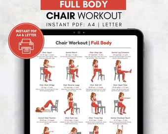 Plan de entrenamiento completo en silla / Tabla de ejercicios sentado / Entrenamiento en silla de oficina sin equipo / Póster de entrenamiento para personas mayores / Entrenamiento de bajo impacto en casa