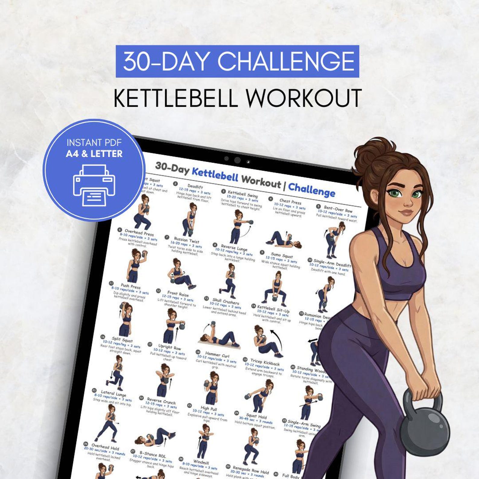 30-day Kettlebell Challenge Poster, Kettlebell Workout Chart, Full Body