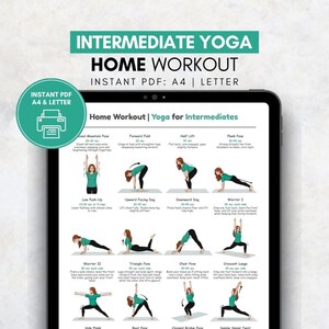 Puede incluir: Una tableta digital muestra una guía de entrenamiento de yoga para niveles intermedios. La guía presenta varias posturas de yoga con instrucciones y el texto "Intermediate Yoga Home Workout". El PDF está disponible en tamaños A4 y Carta.