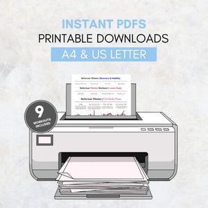 Puede incluir: Una impresora con p&aacute;ginas impresas, con el texto "INSTANT PDFS PRINTABLE DOWNLOADS A4 & US LETTER". La imagen incluye el texto "9 WORKOUTS INCLUDED" y los t&iacute;tulos de entrenamiento "Reformer Pilates".