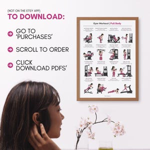 May include: A framed poster with a gym workout routine, featuring illustrations of exercises for a full-body workout. The poster is in a brown frame and includes text instructions. The image also shows instructions on how to download the PDF.