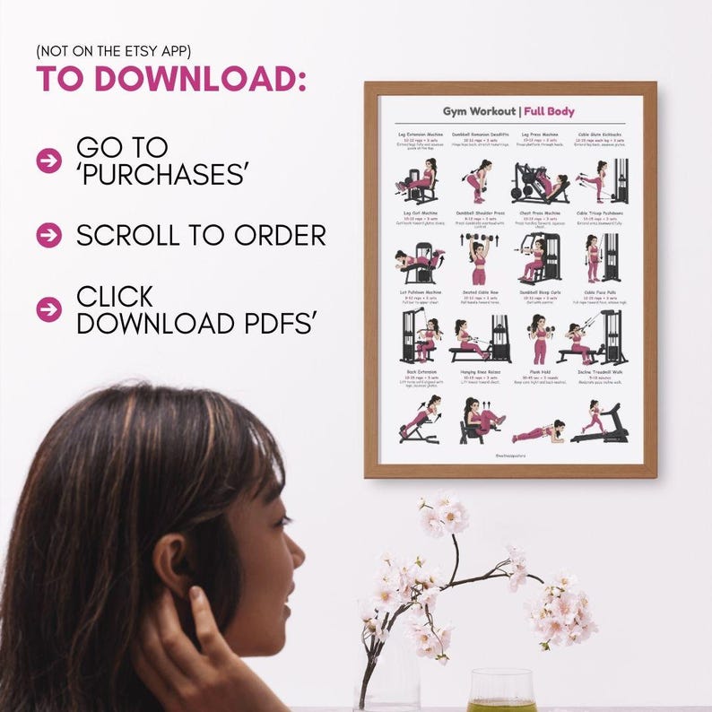 May include: A framed poster with a gym workout routine, featuring illustrations of exercises for a full-body workout. The poster is in a brown frame and includes text instructions. The image also shows instructions on how to download the PDF.