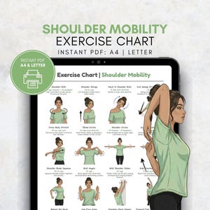 May include: A digital exercise chart for shoulder mobility, featuring illustrations of various stretches and exercises. The chart includes text instructions and is available as an instant PDF in A4 and Letter sizes. The chart is displayed on a tablet.