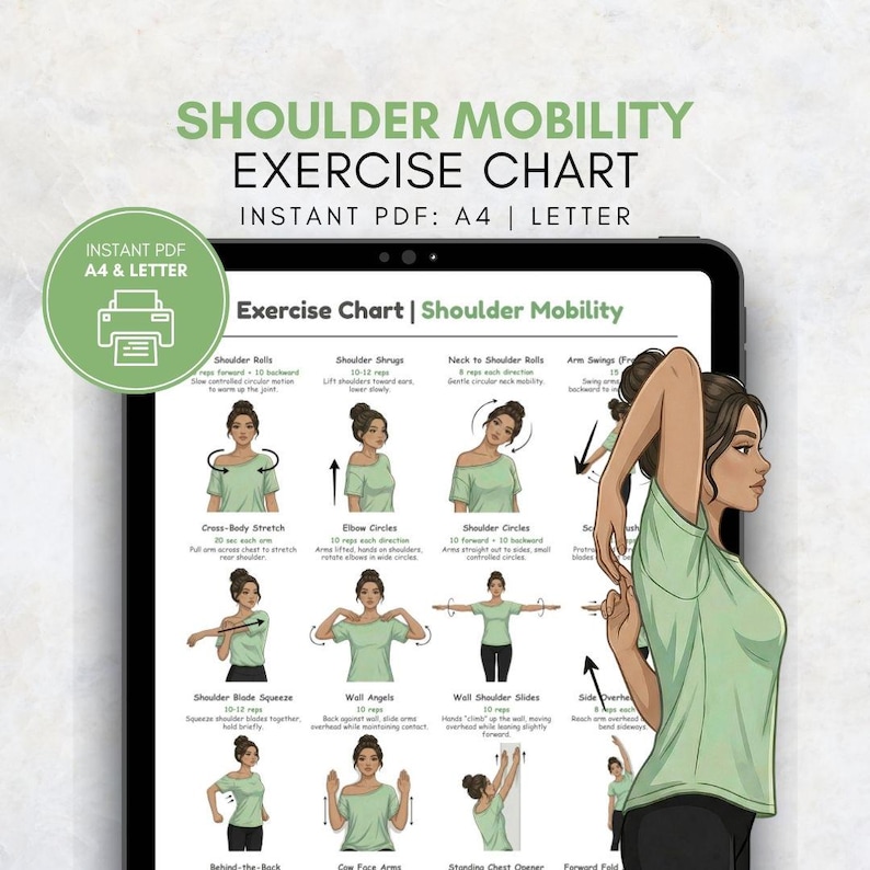 May include: A digital exercise chart for shoulder mobility, featuring illustrations of various stretches and exercises. The chart includes text instructions and is available as an instant PDF in A4 and Letter sizes. The chart is displayed on a tablet.