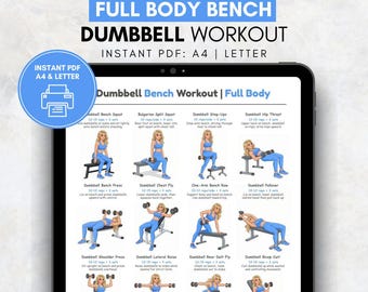 Dumbbell Bench Full Body Workout Printable | Full Body Exercise Poster | Womens Dumbbell Chart | Home Gym Womens Full Body Workout PDF
