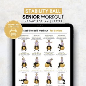 Stability Ball Exercises for Seniors, Balance & Core Printable Workout Chart, Gentle Low Impact Ball Workout Poster PDF for Older Adults