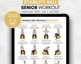 Stability Ball Exercises for Seniors, Balance & Core Printable Workout Chart, Gentle Low Impact Ball Workout Poster PDF for Older Adults