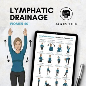 May include: A digital illustration promoting lymphatic drainage exercises for women 40+. The image features a woman in a blue top demonstrating an exercise, with arrows indicating movement. A tablet displays exercise instructions.