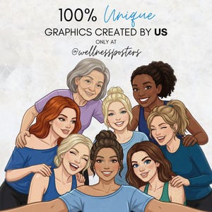May include: Illustration of a group of smiling women of diverse ages and ethnicities. The image includes the text "100% Unique Graphics Created By Us" and the Instagram handle "@wellnessposters". The women are wearing blue and green tops.