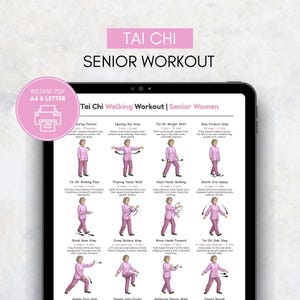 Puede incluir: Una tableta digital muestra una gu&iacute;a de entrenamiento de Tai Chi para personas mayores. El gr&aacute;fico rosa y blanco incluye diagramas de ejercicios y el texto "Tai Chi Walking Workout | Senior Women". Un c&iacute;rculo rosa con "Instant PDF A4 & Letter" est&aacute; en la esquina.