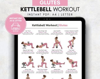 Kettlebell Glute Exercises Poster, Beginner Kettlebell Home Workout Chart, Home Gym Printable Fitness Wall Art, Digital Download PDF