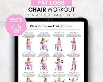 Plan de entrenamiento en silla para quemar grasa, tabla de ejercicios sentados, entrenamiento en silla de oficina sin equipo, póster de ejercicios cardiovasculares en silla, entrenamiento en casa de bajo impacto