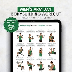 Puede incluir: Un plan de entrenamiento de culturismo digital para el día de los brazos, que se muestra en una tableta. El gráfico verde y blanco incluye ilustraciones e instrucciones de ejercicios. El texto en la parte superior dice "MEN'S ARM DAY BODYBUILDING WORKOUT". Incluye "INSTANT PDF A4 & LETTER".