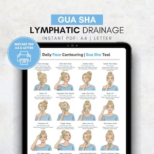 Può includere: Un tablet digitale mostra una guida per le tecniche di drenaggio linfatico Gua Sha. Il testo blu in alto recita "GUA SHA LYMPHATIC DRAINAGE". La guida illustra vari metodi di massaggio facciale con diagrammi e istruzioni.