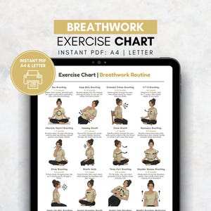 May include: A digital breathwork exercise chart on a tablet, detailing various breathing exercises with illustrations. The chart includes instructions and is labelled "Breathwork Exercise Chart" and "Instant PDF: A4 | Letter".