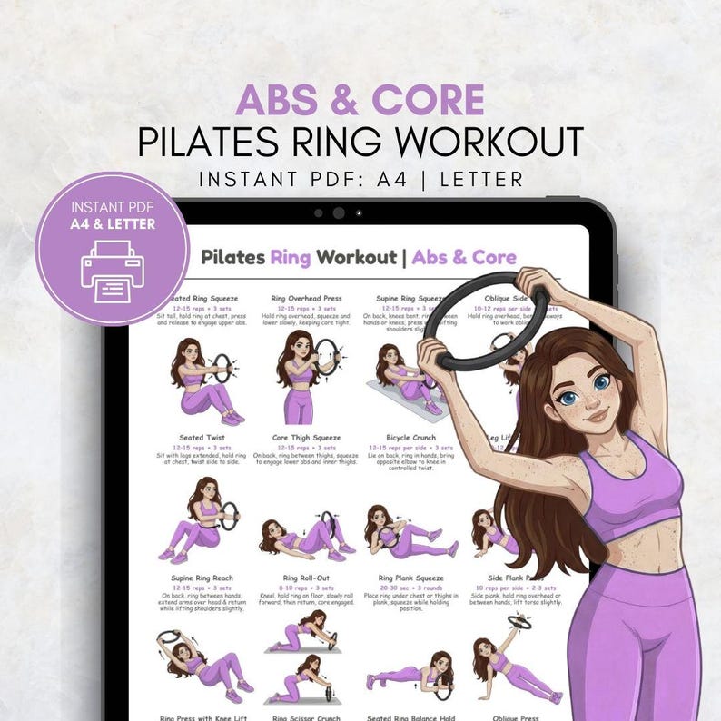 Op de afbeelding: Een digitale Pilates ring workout gids met illustraties en tekst. De gids bevat oefeningen voor buikspieren en core, met een vrouw die de oefeningen demonstreert. De tekst bevat "ABS & CORE PILATES RING WORKOUT" en "INSTANT PDF: A4 | LETTER".